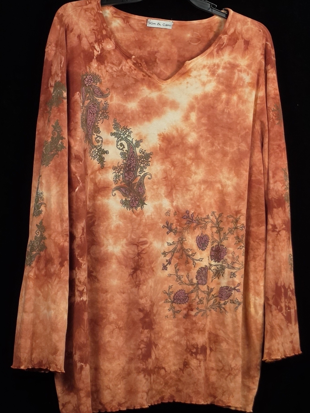 #108 Kim & Cami Orange Tie-Dye Paisley Long Sleeve Boho Tunic Top
